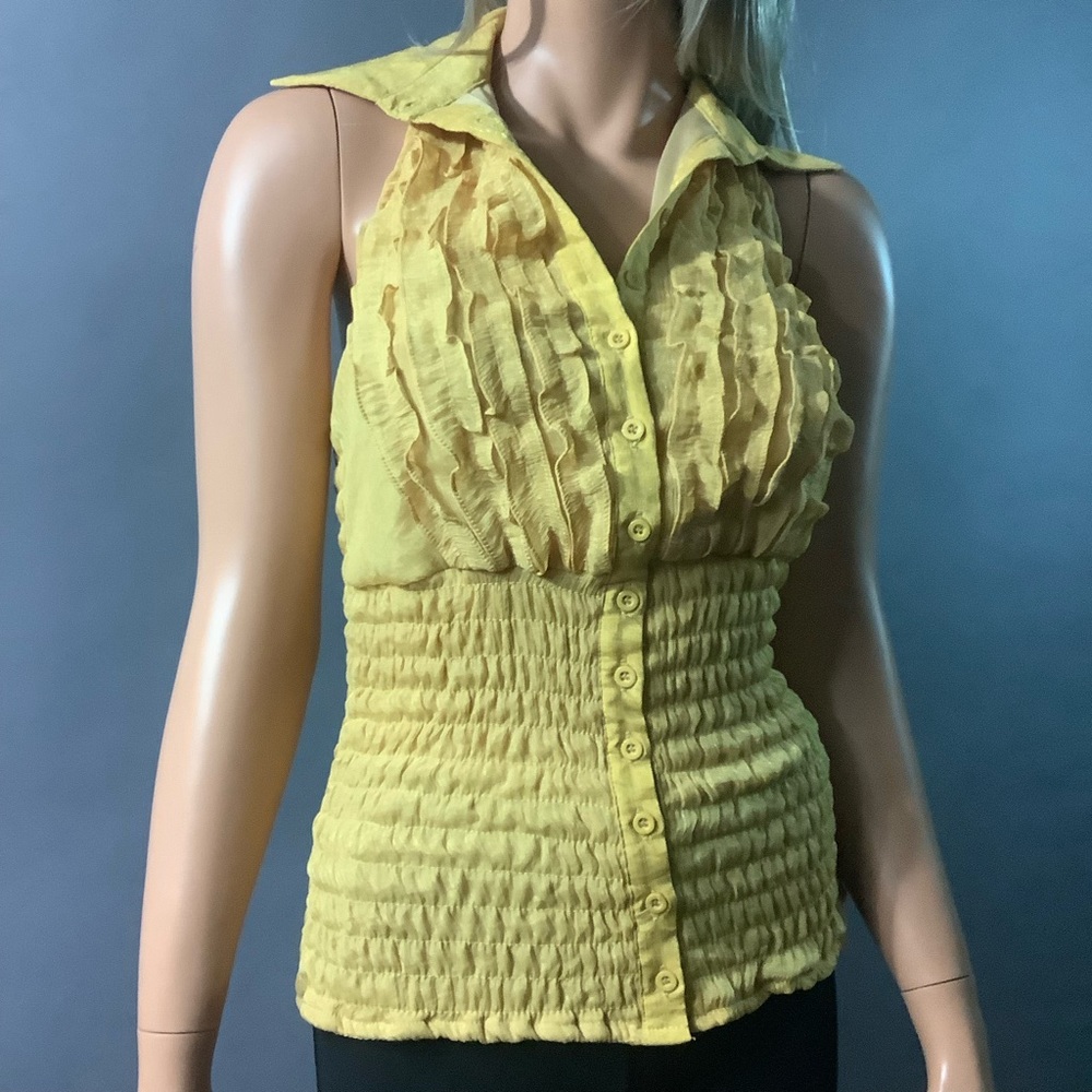 Golden halter top, One Size fits most. Ruffle front open back,